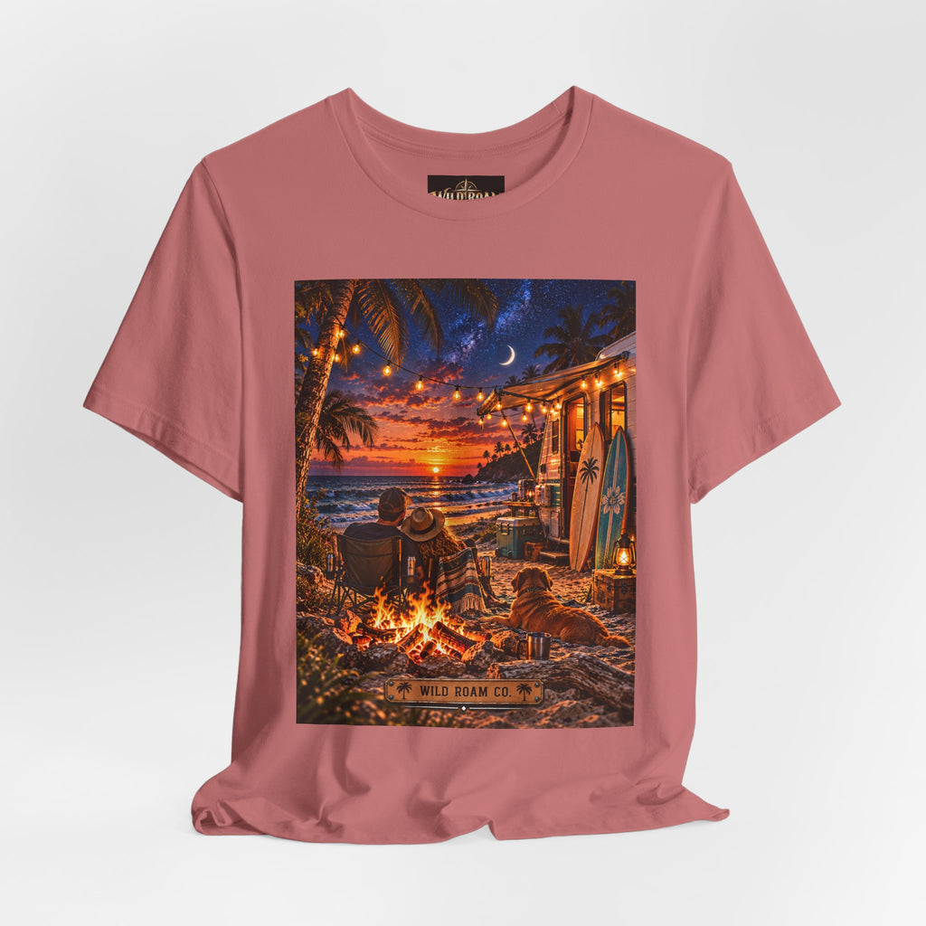 Beach Bonfire Sunset T-Shirt — Surfboard Campfire Coastal Graphic Tee