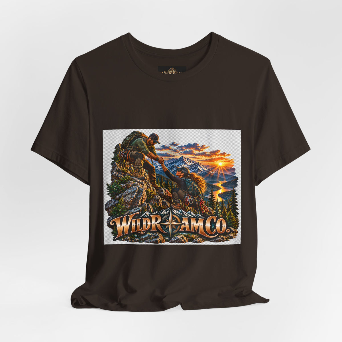 Couple Helping Hand Graphic Tee — Wild Roam Co. Mountain Climber Sunset T‑Shirt