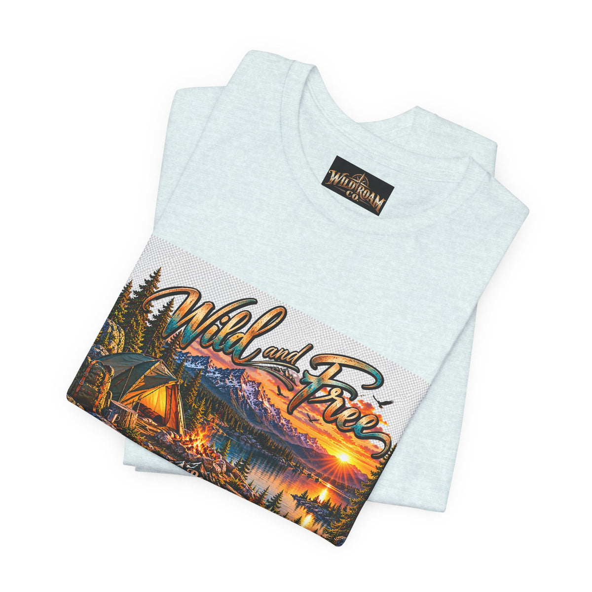Wild and Free Camping T-Shirt — Mountain Lake Sunset Graphic Tee