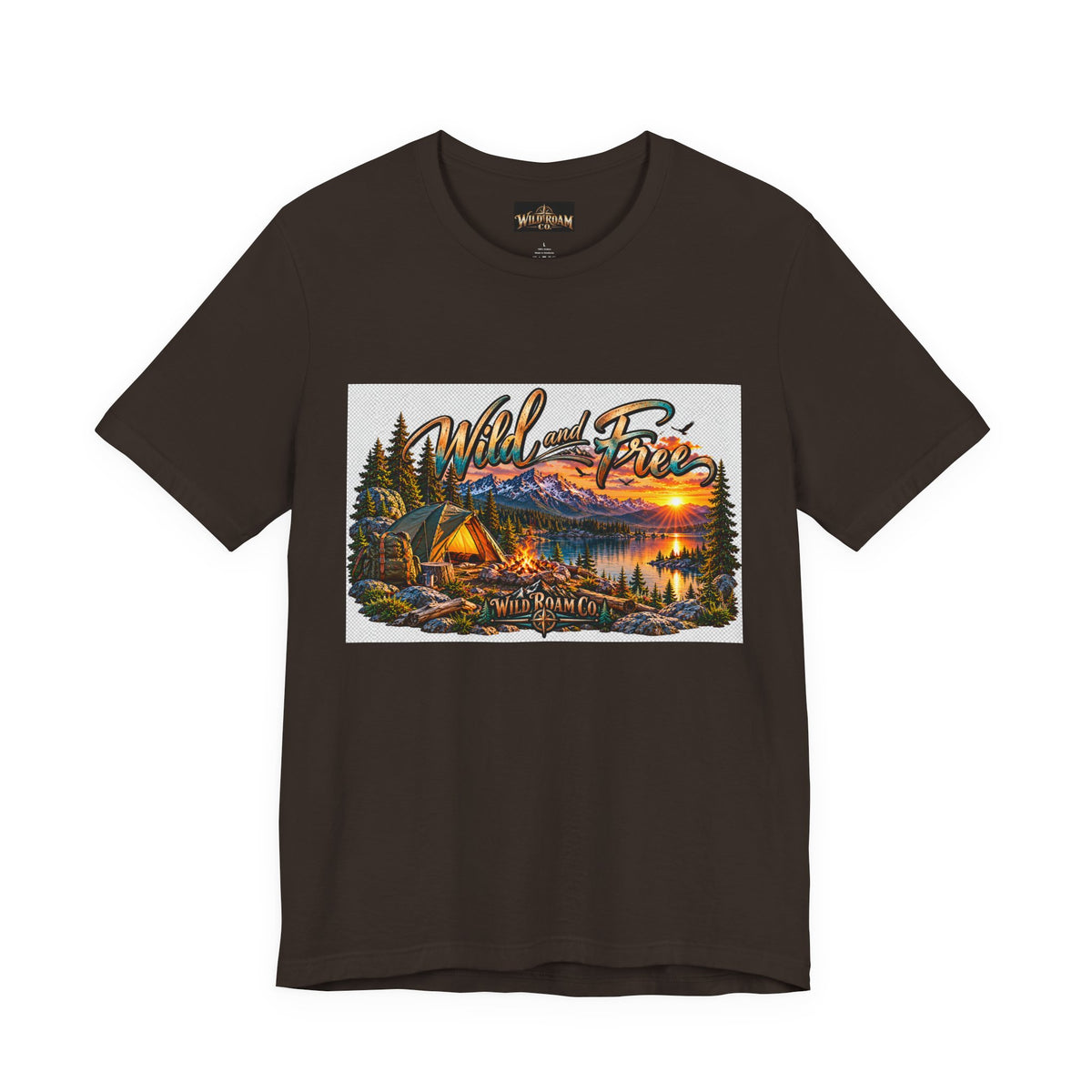 Wild and Free Camping T-Shirt — Mountain Lake Sunset Graphic Tee