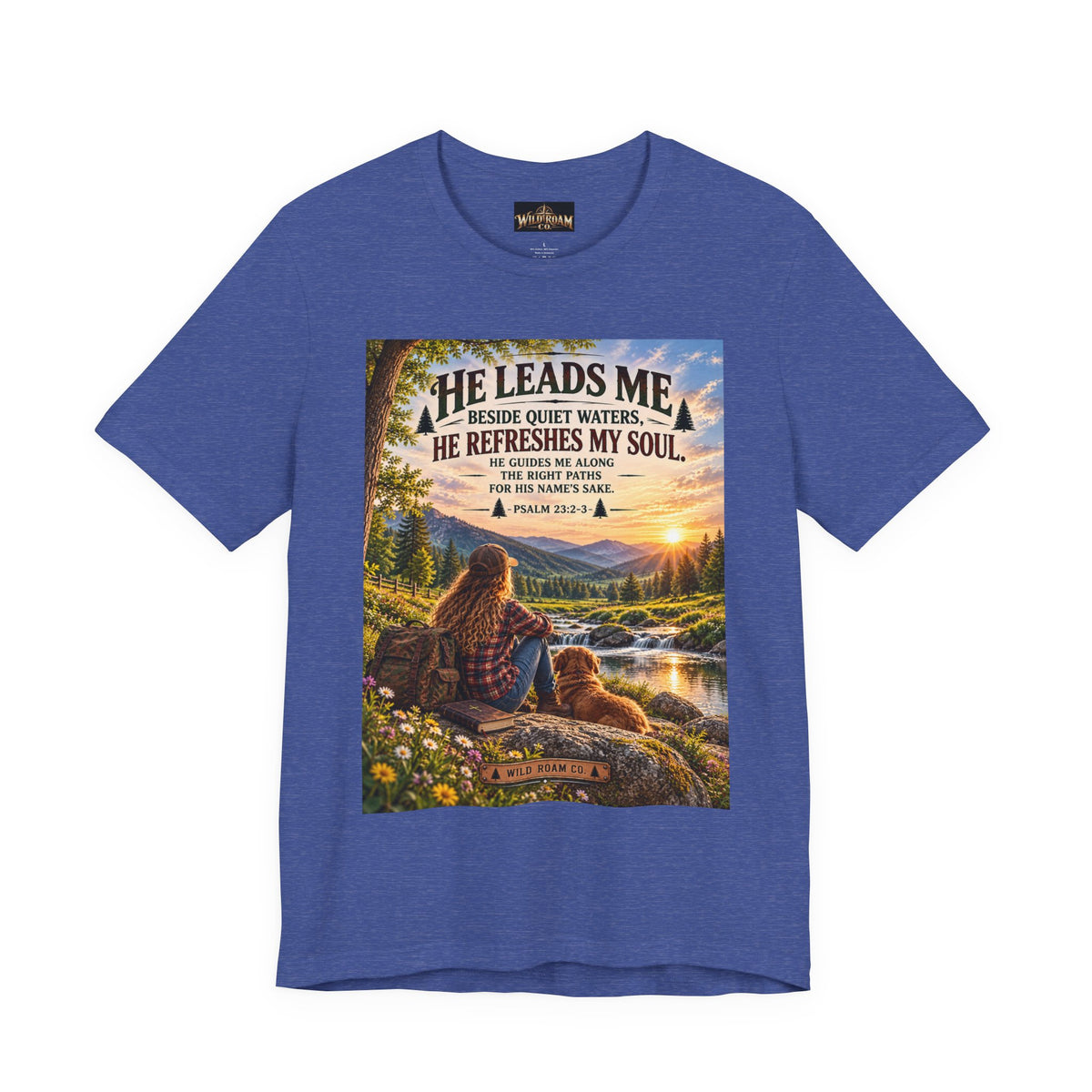 Women's He Leads Me T-Shirt — Christian Nature Faith Tee with Psalm 23 Sunset Scene