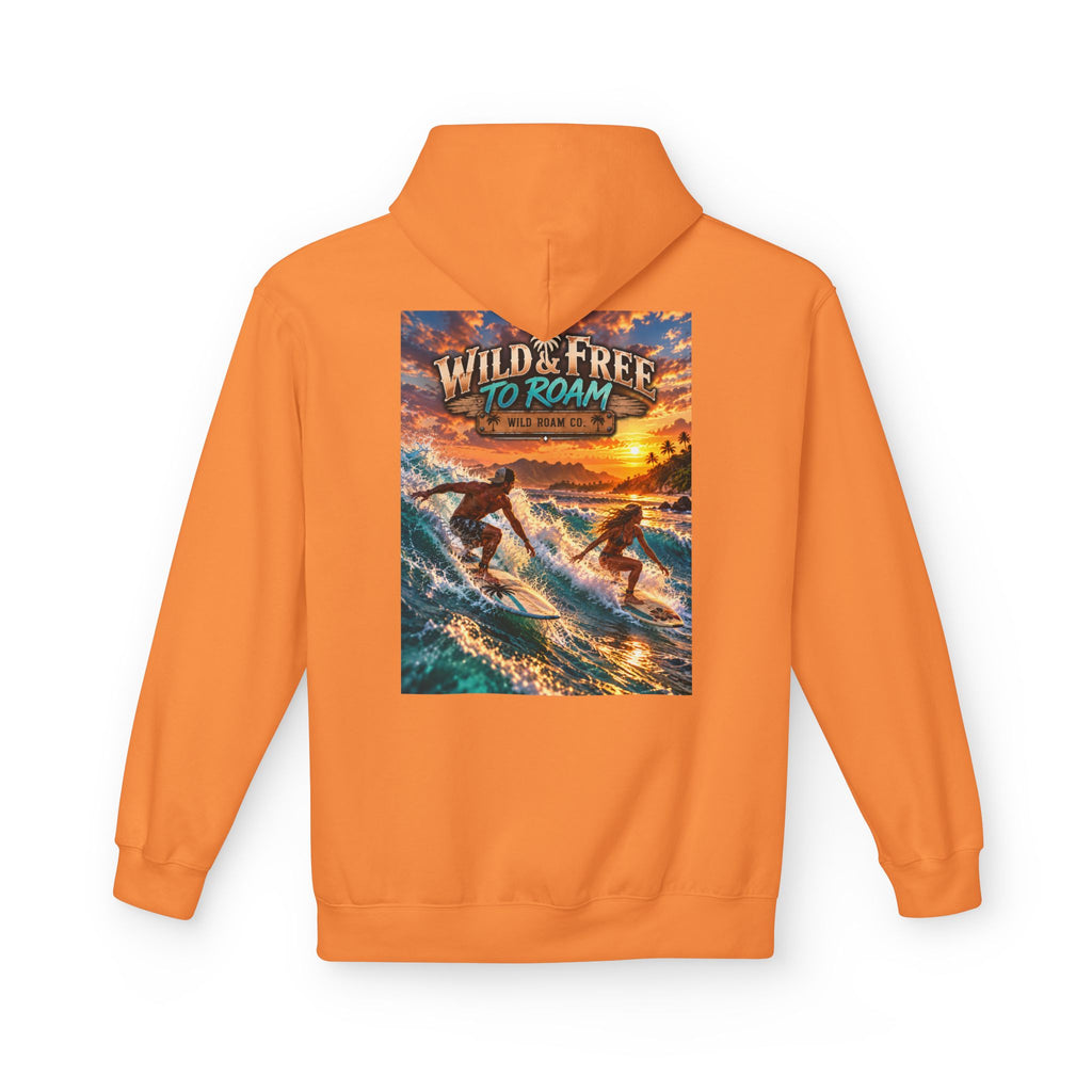 Surf Adventure Hoodie — "Wild & Free to Roam" Sunset Surf Graphic