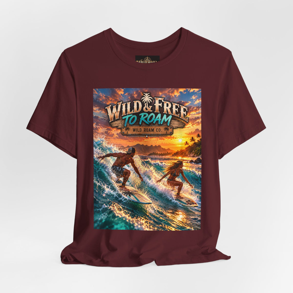 Surfing Sunset T‑Shirt — "Wild & Free to Roam" Beach Graphic Tee