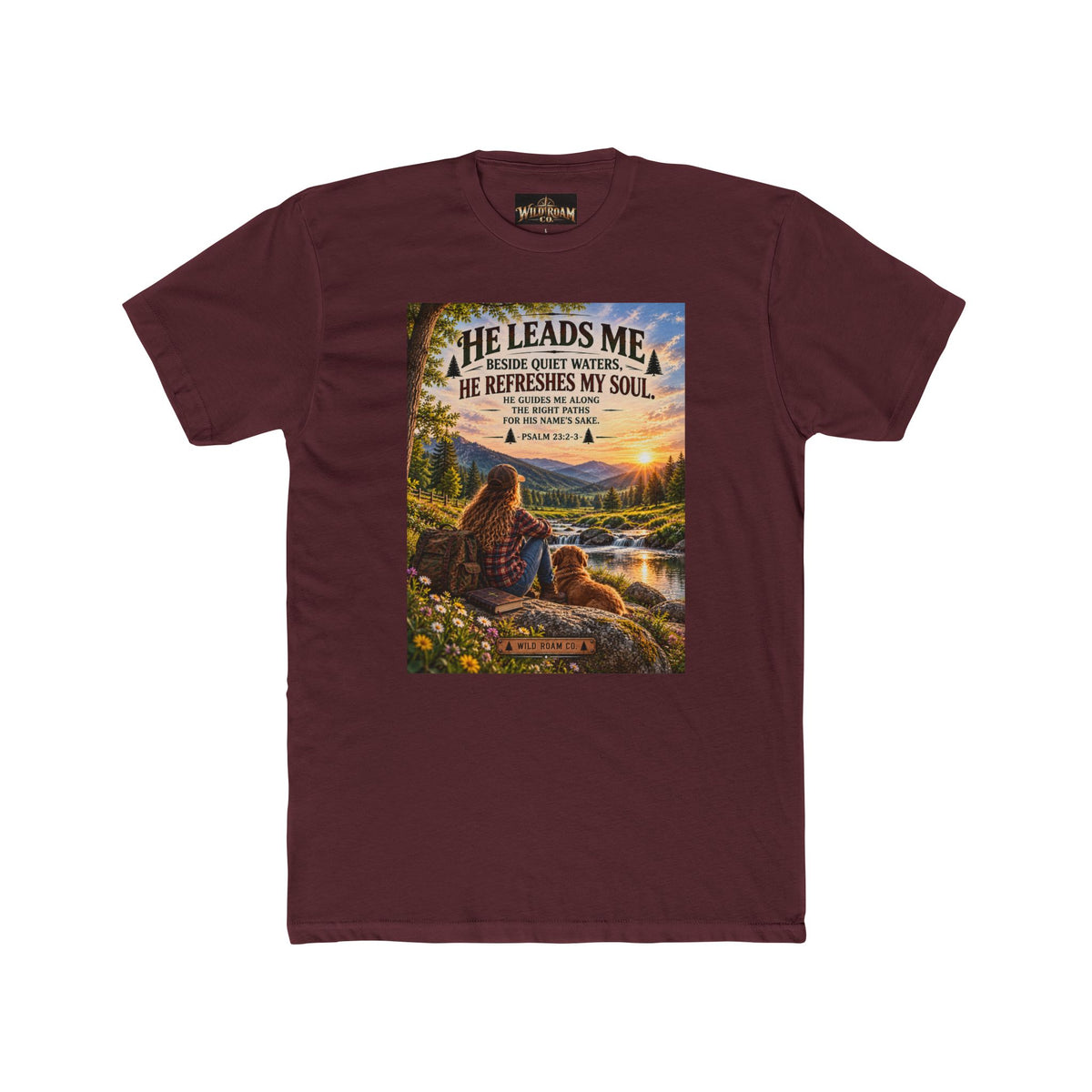Women's Christian Shepherd Psalm T-Shirt — "He Leads Me Beside Quiet Waters" Scenic Faith Tee