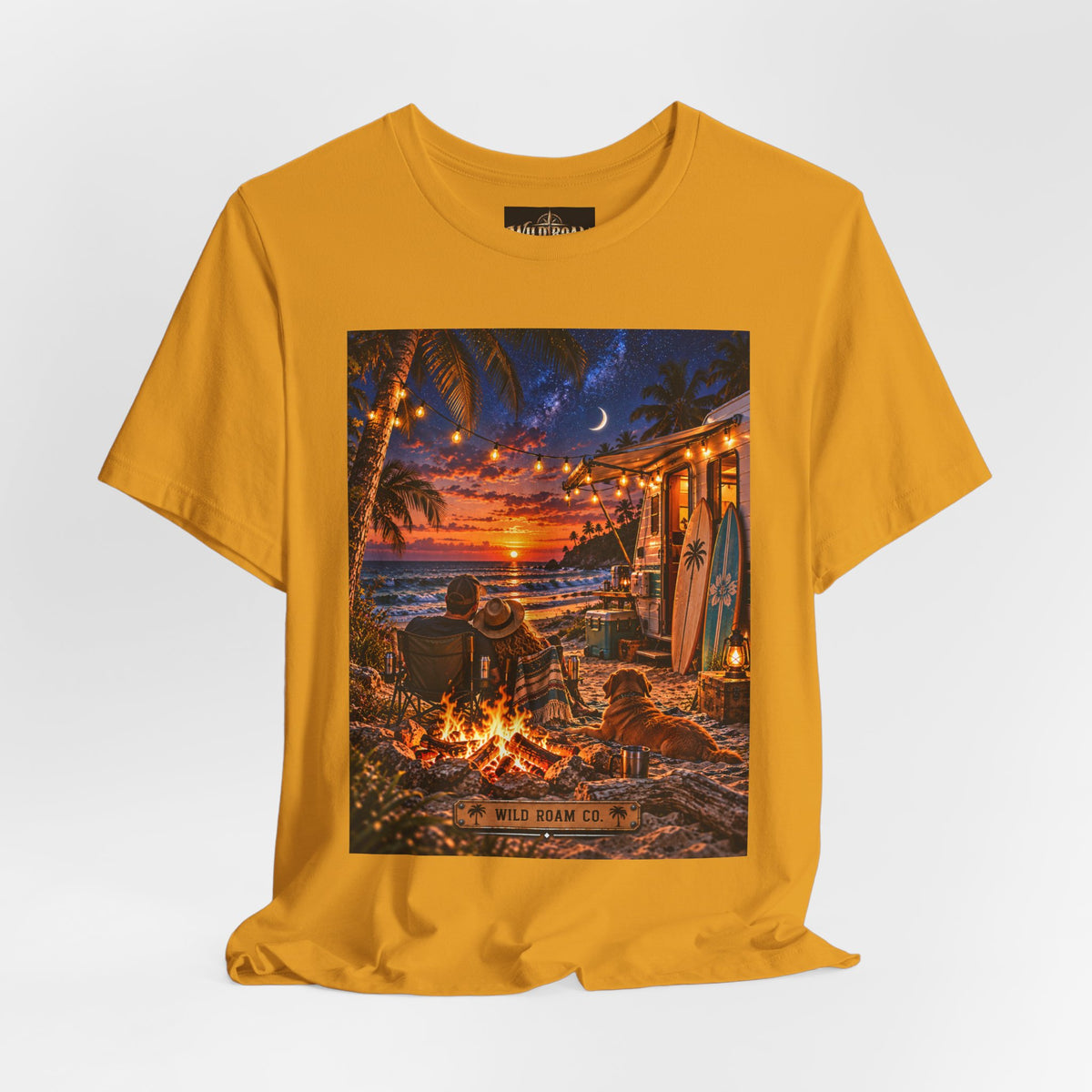 Beach Bonfire Sunset T-Shirt — Surfboard Campfire Coastal Graphic Tee