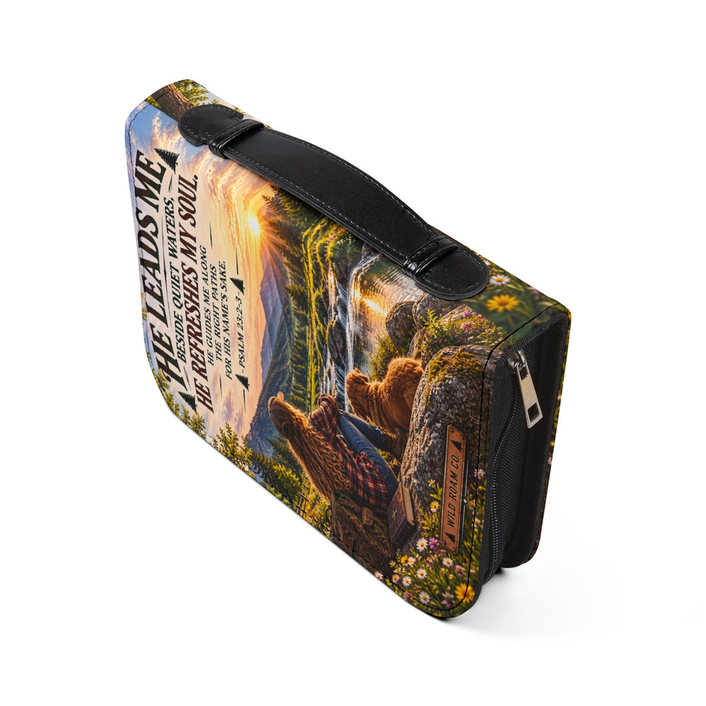 Men's Bible Cover — "He Leads Me Beside Quiet Waters" Psalm 23:2-3 Inspiring Outdoors Design