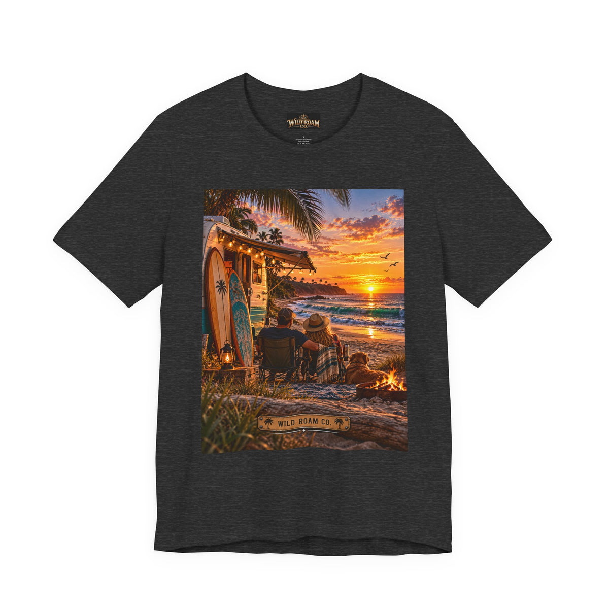 Sunset Surf Camp Tee — Beach Sunset Couple Graphic T-Shirt