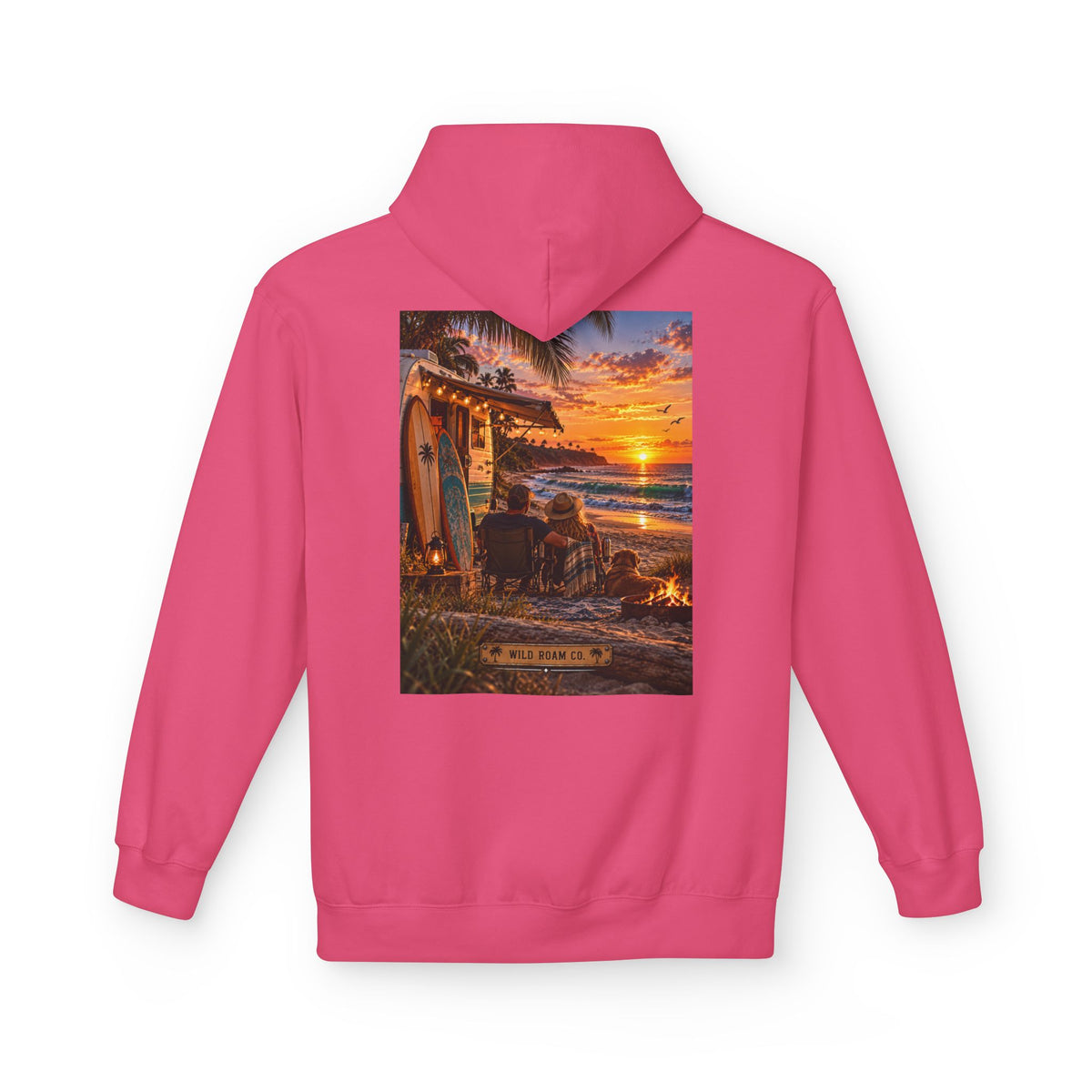 Wild Roam Co Hoodie--Surf Sunset Graphic Hoodie (Beach Sunset Surf Shack Design)