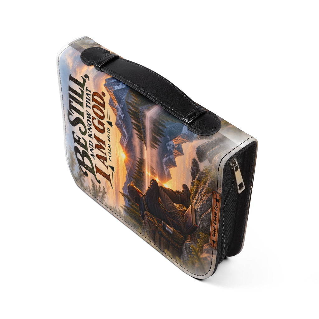 Men's Bible Cover — "Be Still and Know That I Am God" Psalm 46:10 Scenic Mountain Design