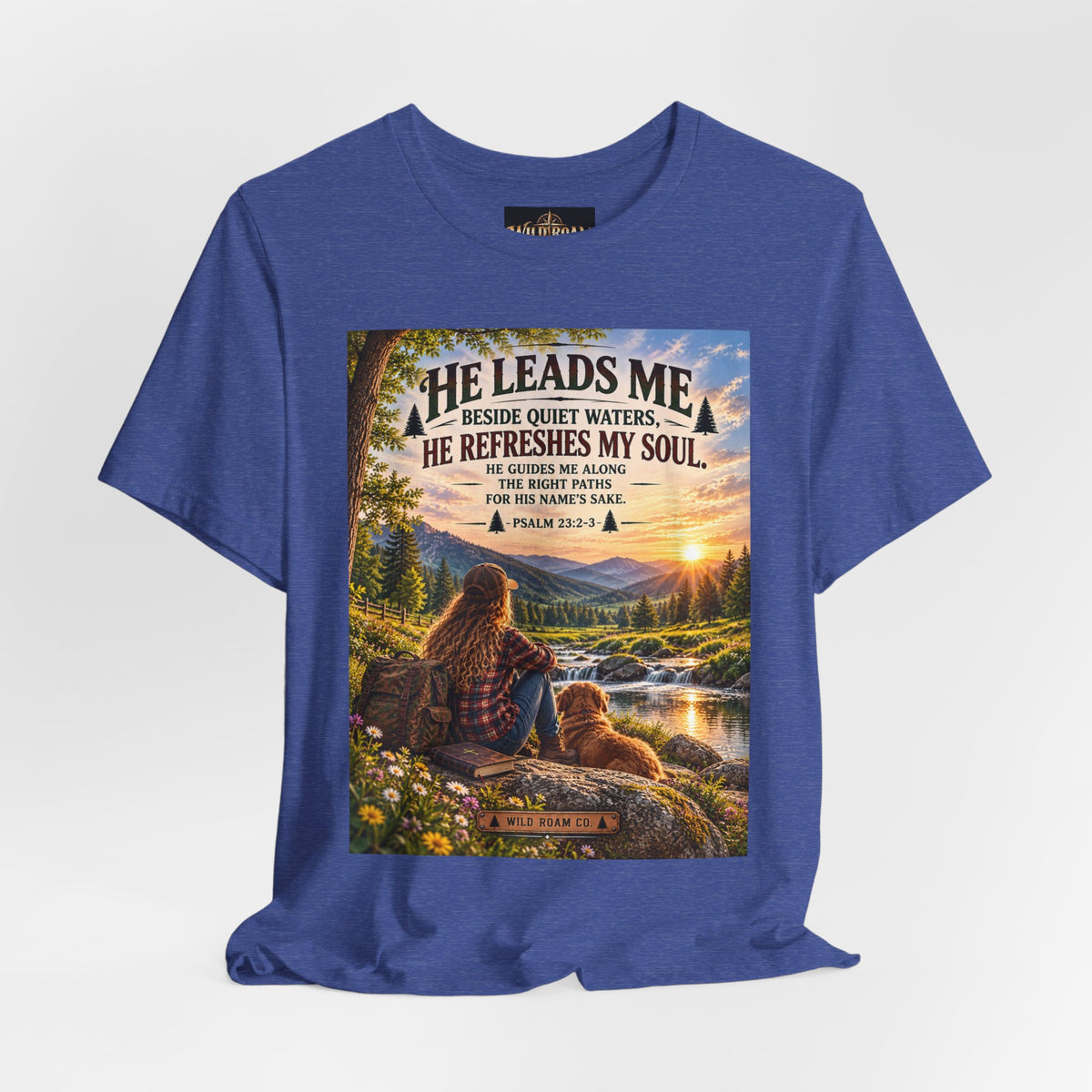Women's He Leads Me T-Shirt — Christian Nature Faith Tee with Psalm 23 Sunset Scene