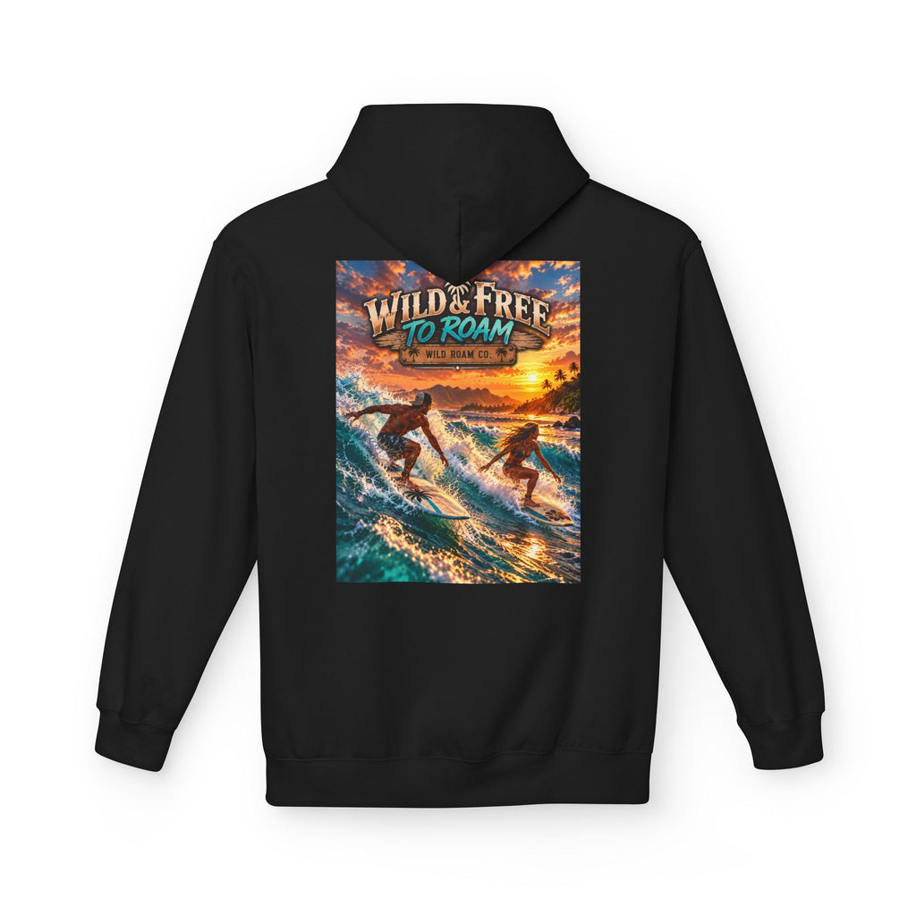 Surf Adventure Hoodie — "Wild & Free to Roam" Sunset Surf Graphic