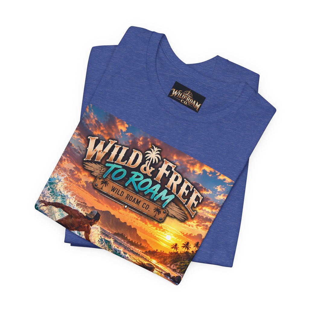 Surfing Sunset T‑Shirt — "Wild & Free to Roam" Beach Graphic Tee
