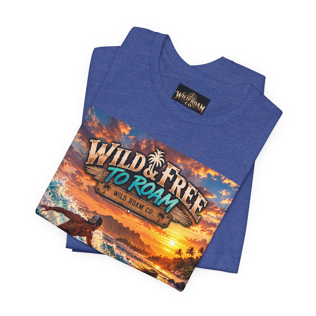 Surfing Sunset T‑Shirt — "Wild & Free to Roam" Beach Graphic Tee