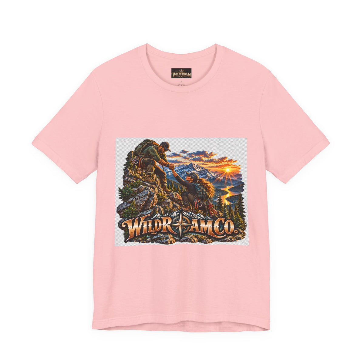 Couple Helping Hand Graphic Tee — Wild Roam Co. Mountain Climber Sunset T‑Shirt