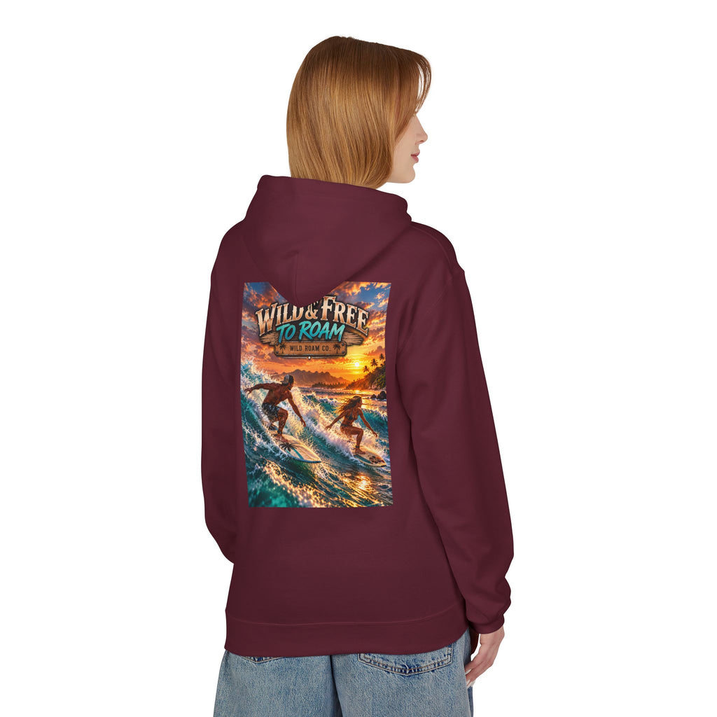 Surf Adventure Hoodie — "Wild & Free to Roam" Sunset Surf Graphic