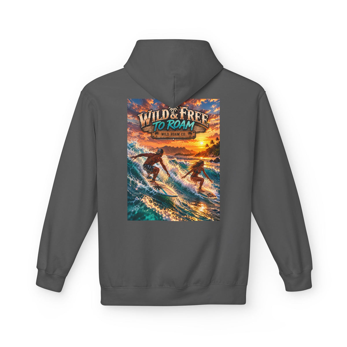 Surf Adventure Hoodie — "Wild & Free to Roam" Sunset Surf Graphic