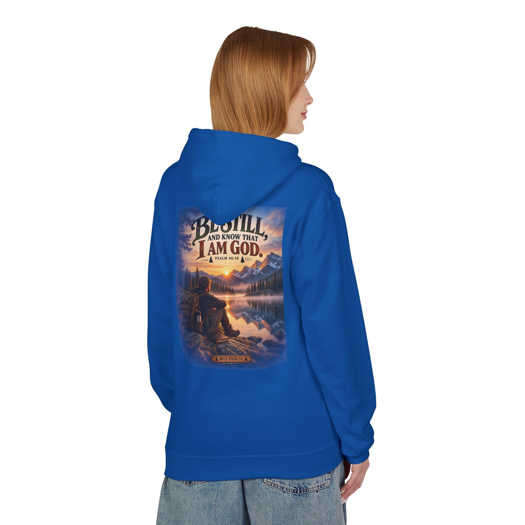 Men's Christian Nature Hoodie — “Be Still and Know That I Am God” Scenic Sweatshirt