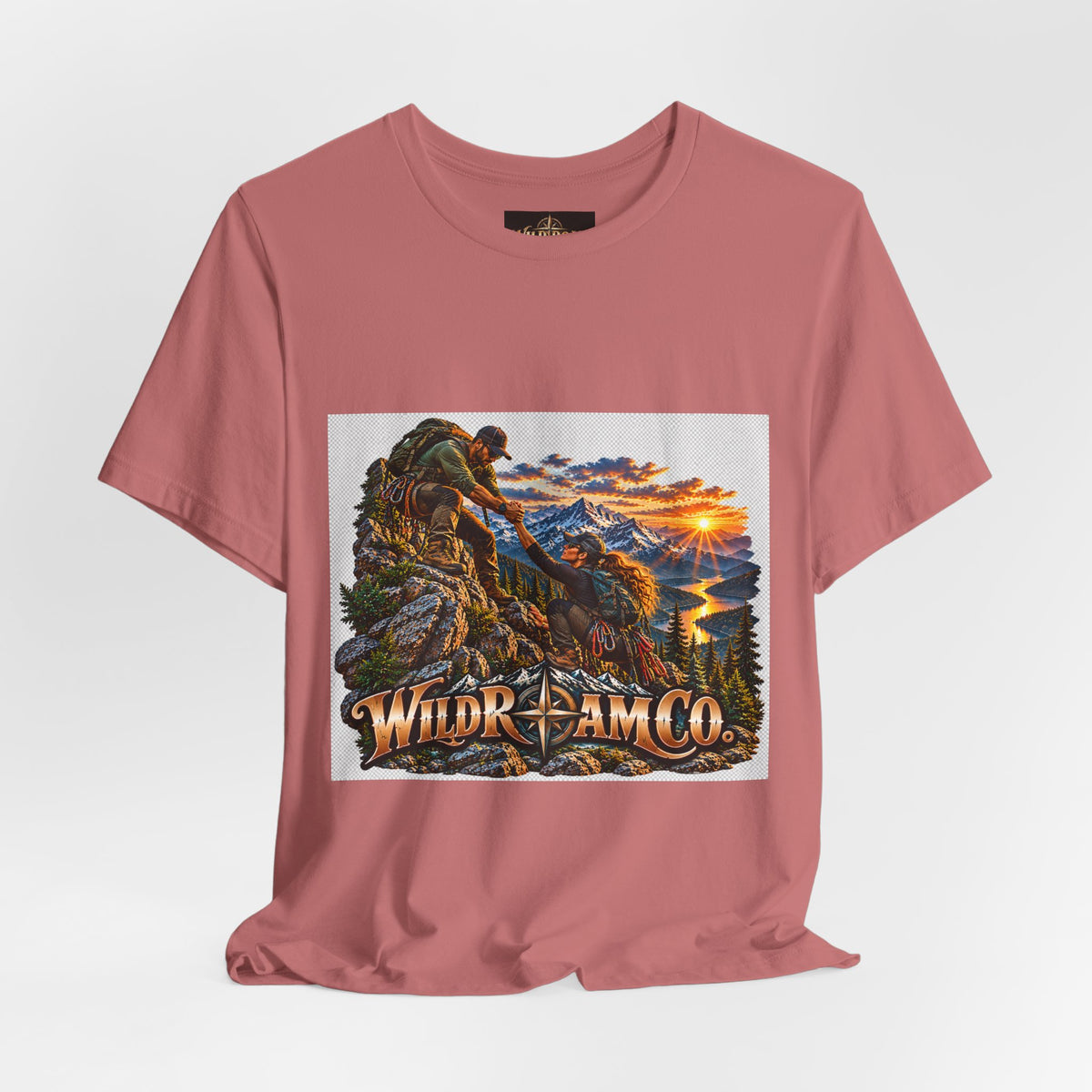 Couple Helping Hand Graphic Tee — Wild Roam Co. Mountain Climber Sunset T‑Shirt