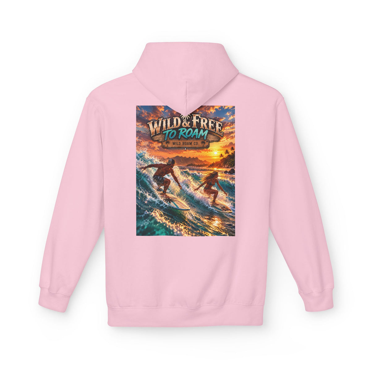 Surf Adventure Hoodie — "Wild & Free to Roam" Sunset Surf Graphic