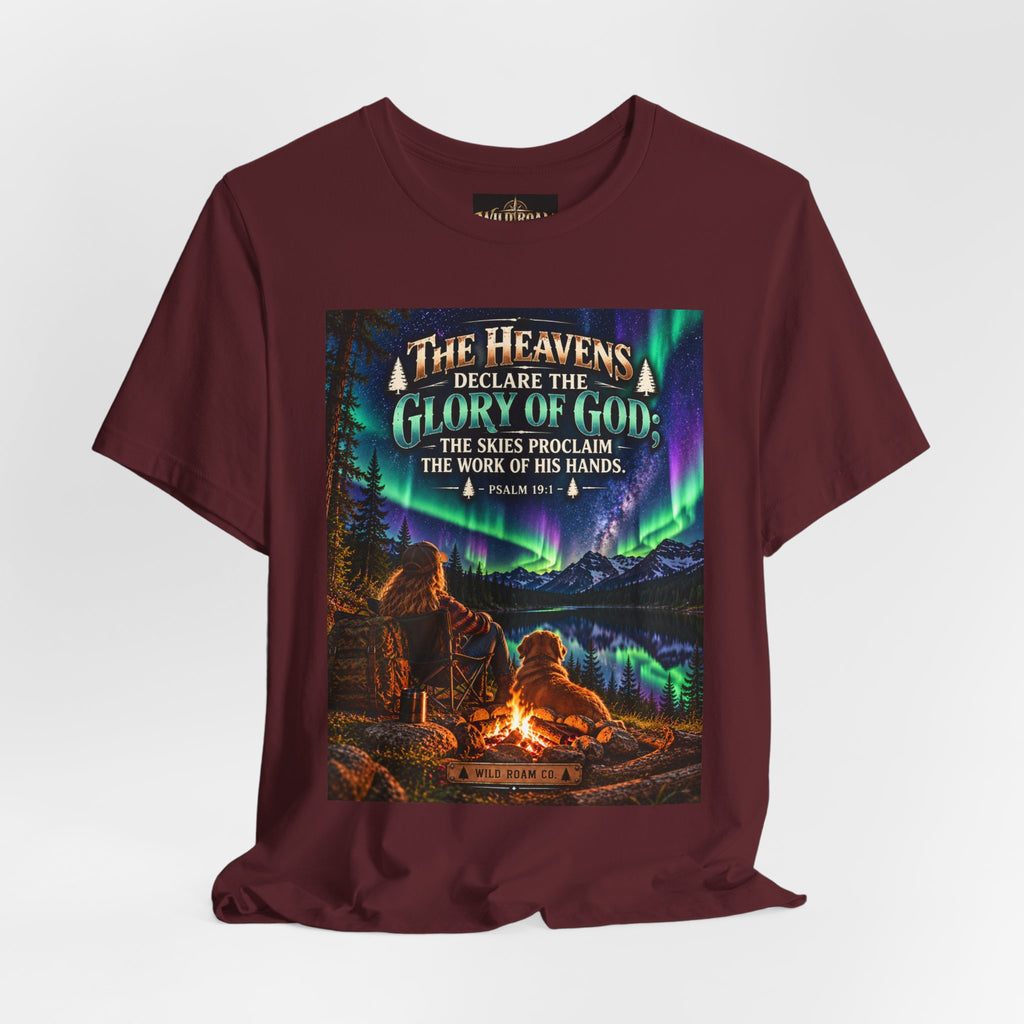 Women's Christian Nature T-Shirt — "The Heavens Declare the Glory of God" Campfire Aurora Tee