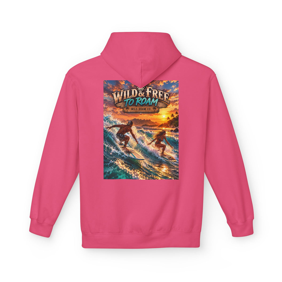 Surf Adventure Hoodie — "Wild & Free to Roam" Sunset Surf Graphic
