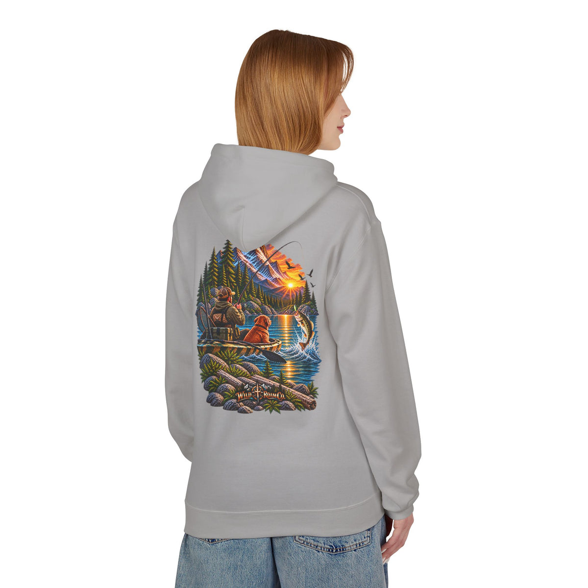Wild Roam Co. Scenic Adventure Hoodie — "Wild Roam" Mountain & Lake Graphic