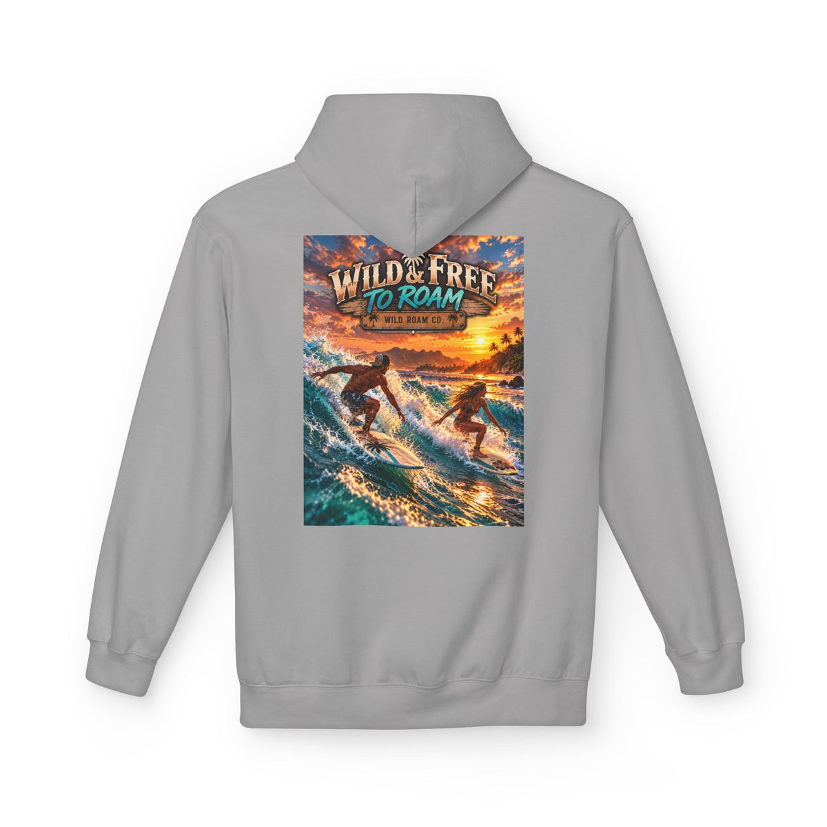 Surf Adventure Hoodie — "Wild & Free to Roam" Sunset Surf Graphic