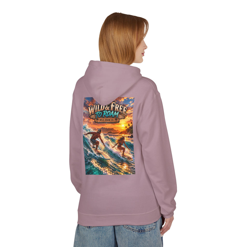 Surf Adventure Hoodie — "Wild & Free to Roam" Sunset Surf Graphic