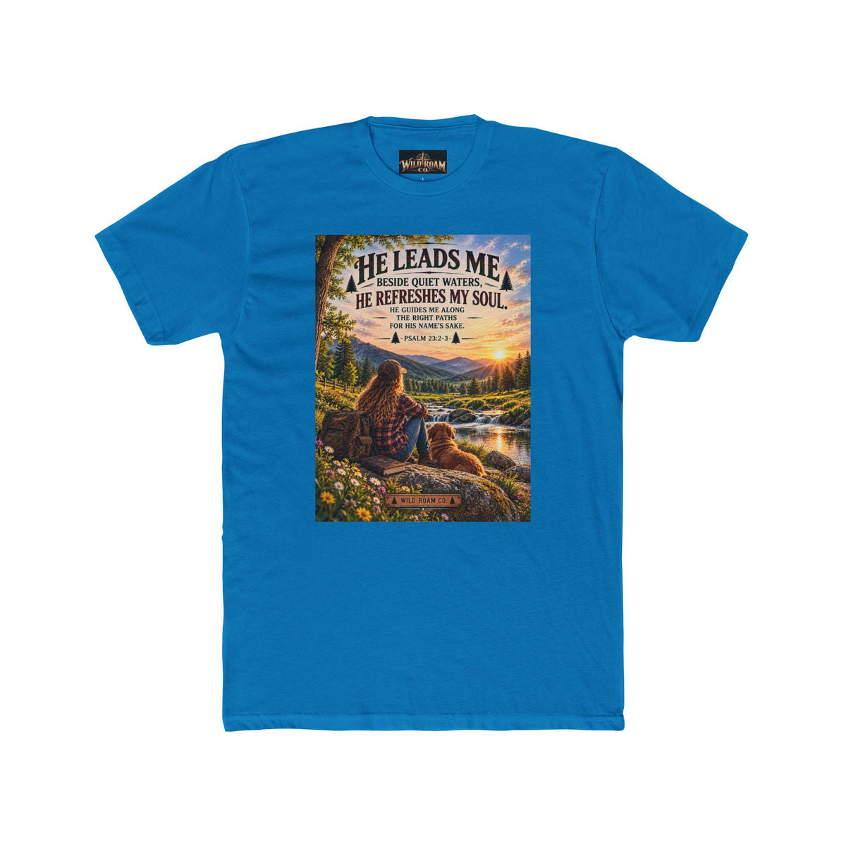 Women's Christian Shepherd Psalm T-Shirt — "He Leads Me Beside Quiet Waters" Scenic Faith Tee