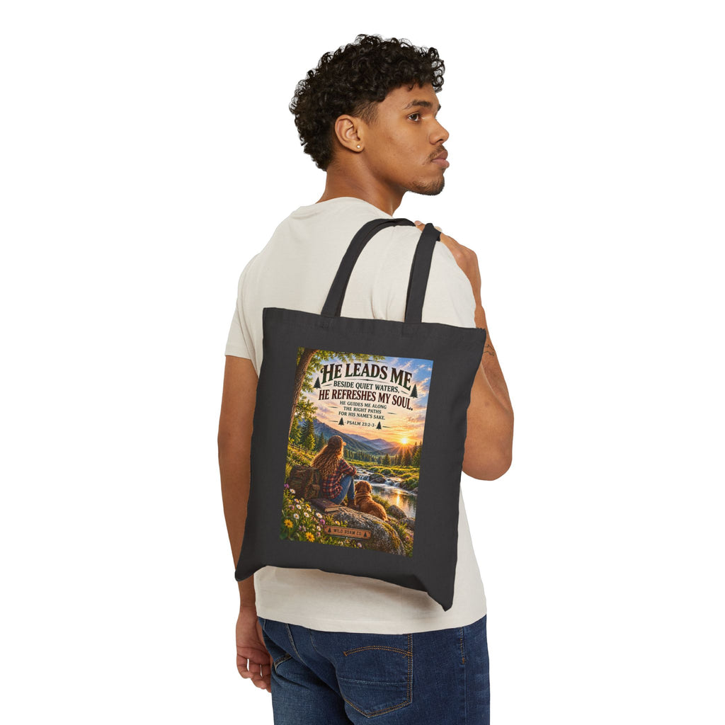 He Leads Me Religious Tote Bag - Psalm 23 Scenic Cotton Canvas Grocery Beach Bag