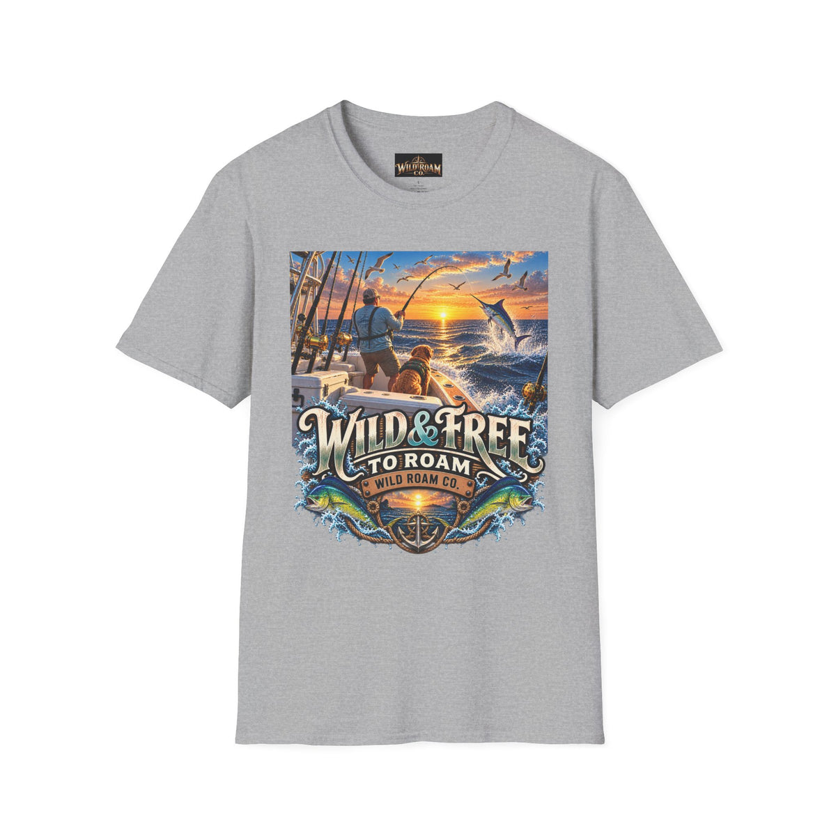 Wild & Free to Roam Fishing T-Shirt — Ocean Sunset Angler Tee