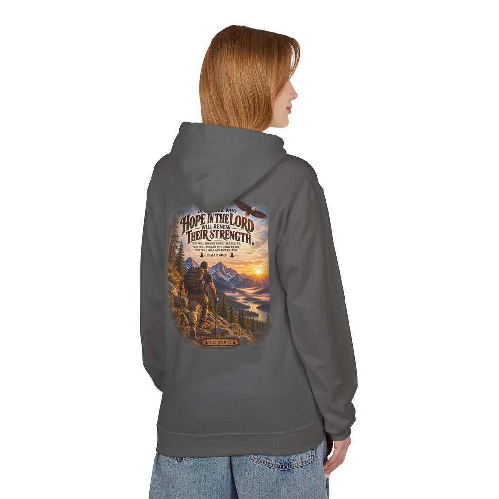 Men's Hope in the Lord Hiking Hoodie — Wild Roam Co. Sunset Mountain Faith Pullover