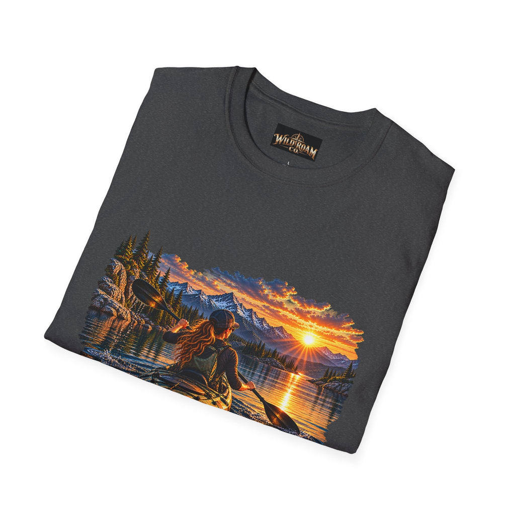 Women's T-shirt--Wild Roam Co Kayak Sunset Graphic(Outdoor Adventure Tee)
