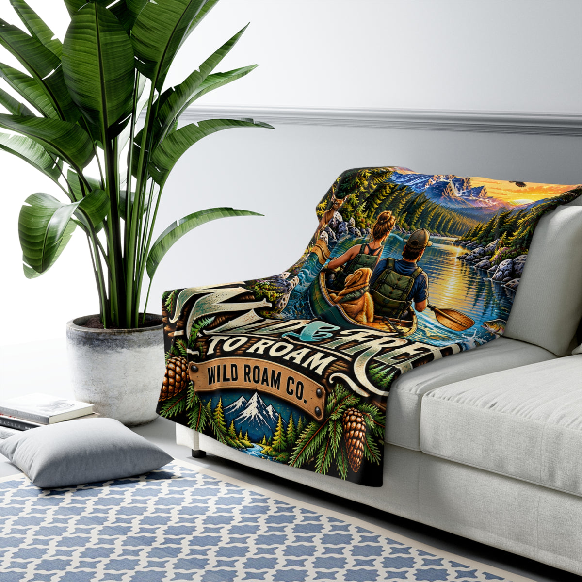 Wild & Free Sherpa Fleece Blanket — 'Wild & Free to Roam' Outdoor Canoe Design