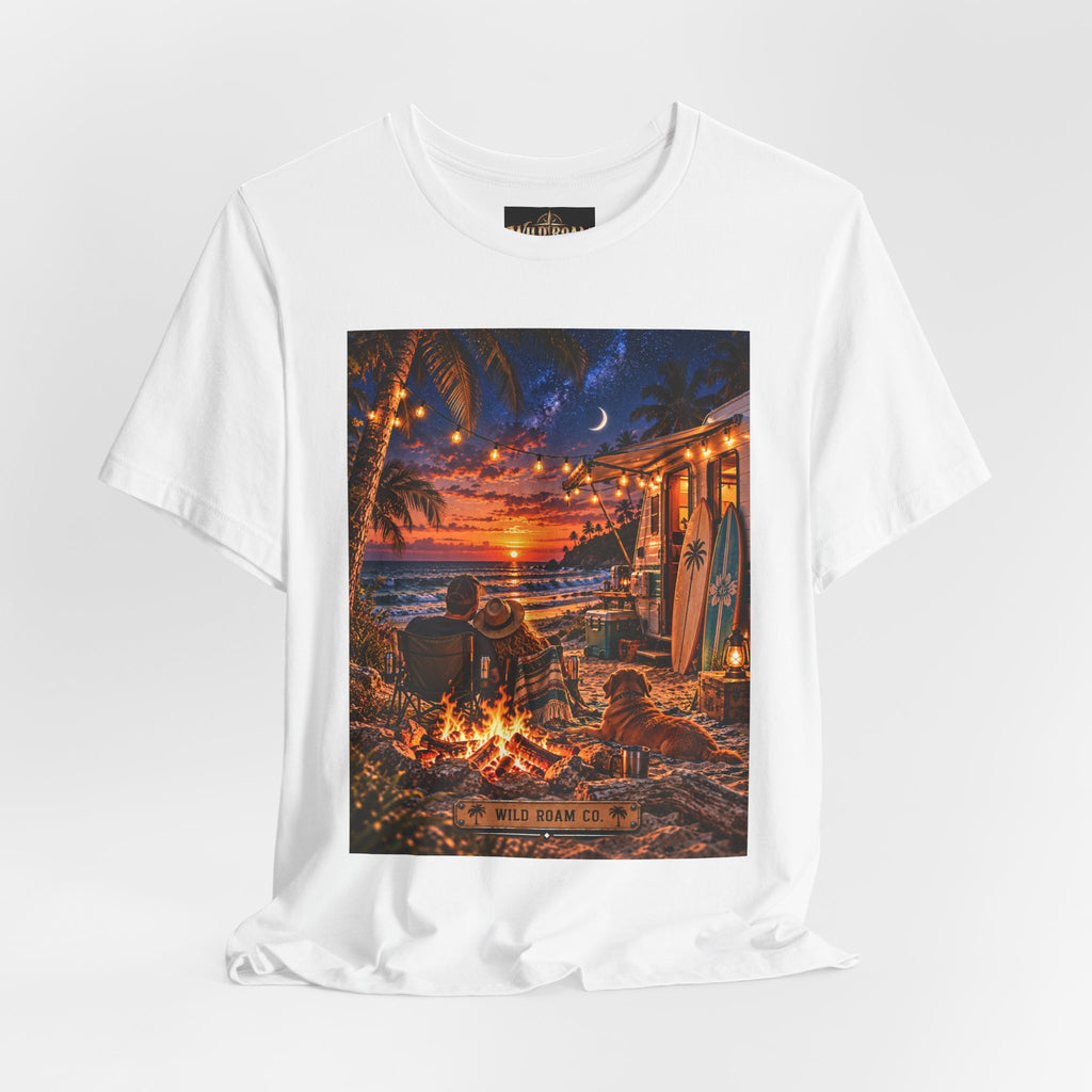 Beach Bonfire Sunset T-Shirt — Surfboard Campfire Coastal Graphic Tee