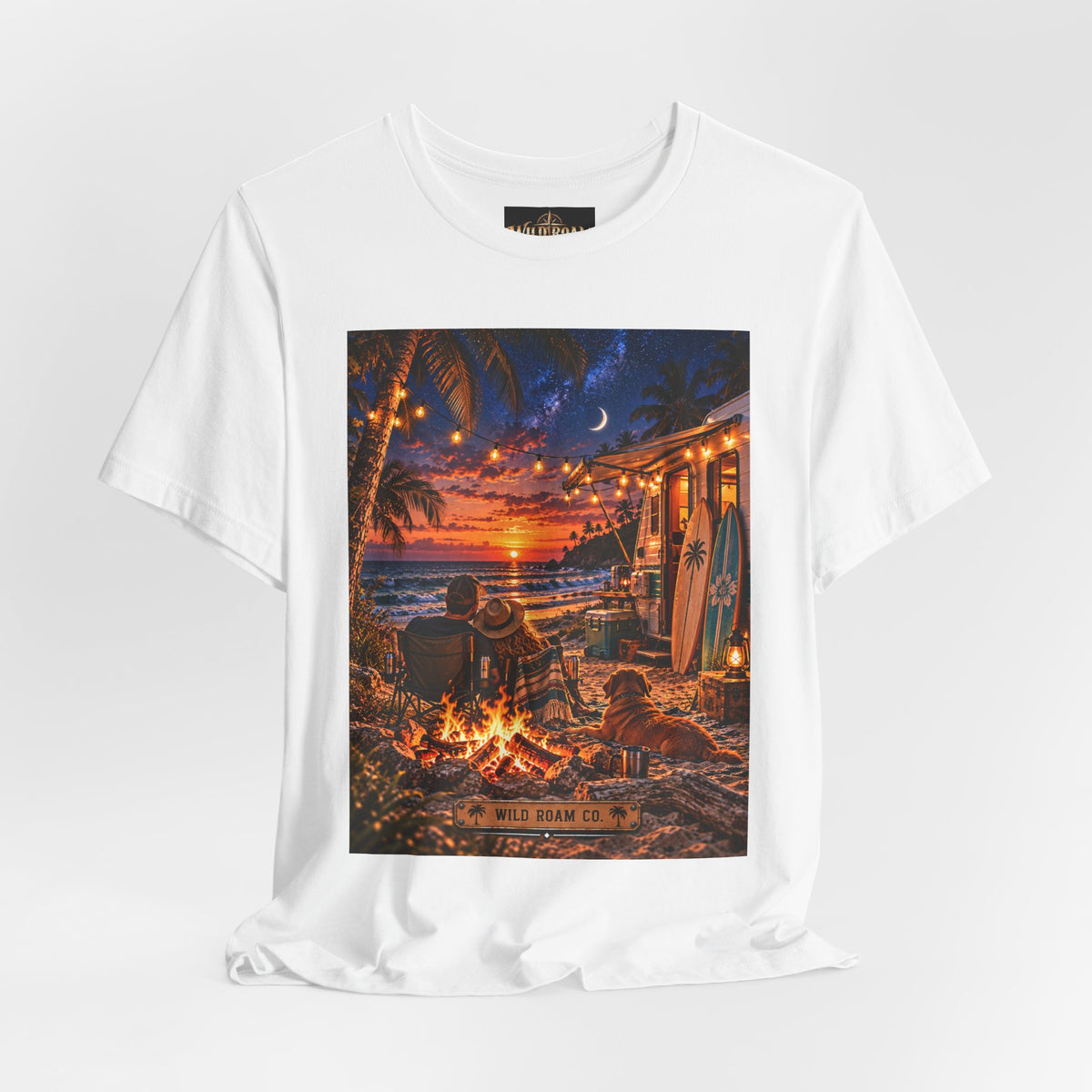 Beach Bonfire Sunset T-Shirt — Surfboard Campfire Coastal Graphic Tee