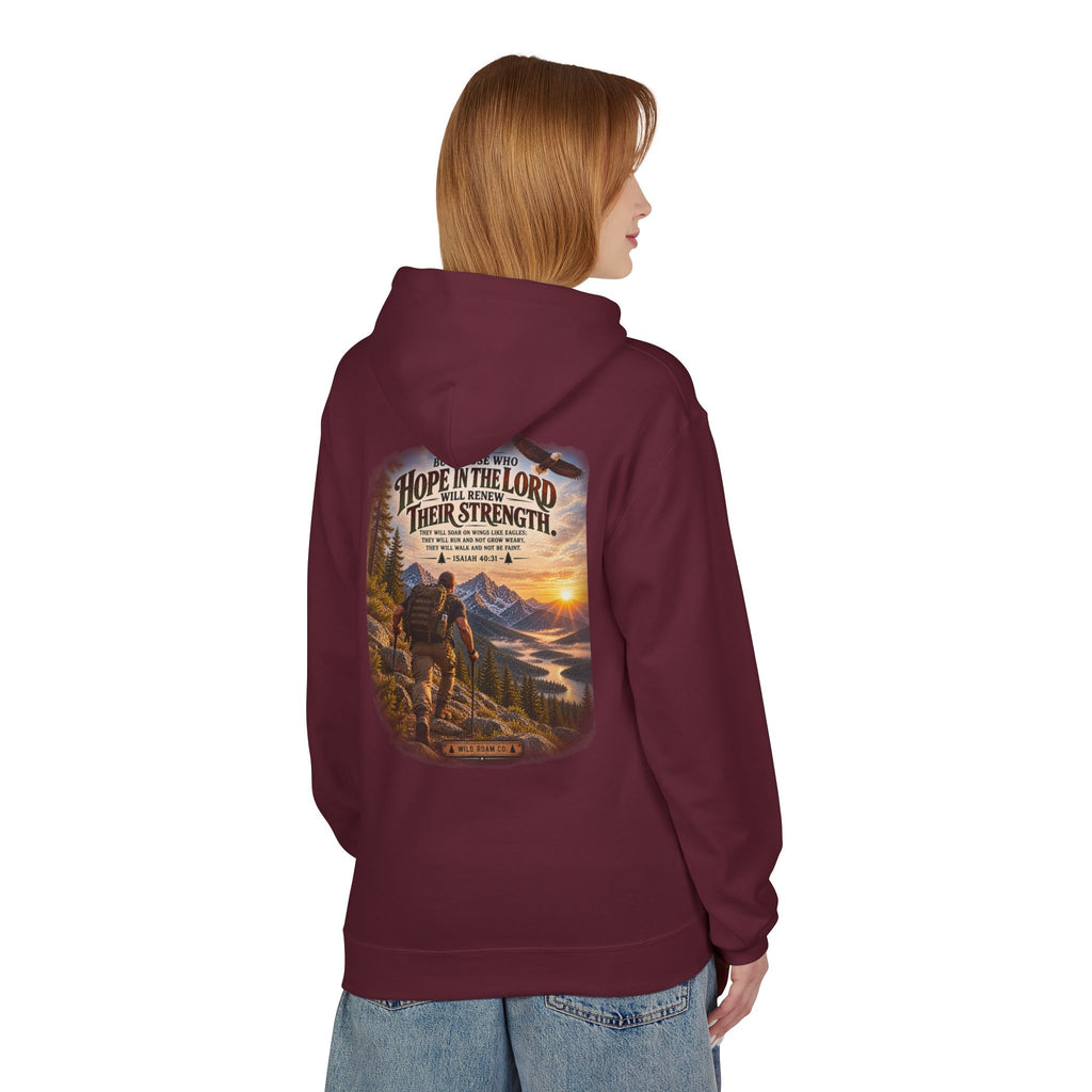 Men's Hope in the Lord Hiking Hoodie — Wild Roam Co. Sunset Mountain Faith Pullover