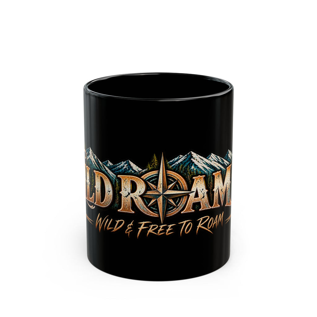 Wild Roam Black Mug — "Wild & Free to Roam" Mountain Compass Coffee Cup