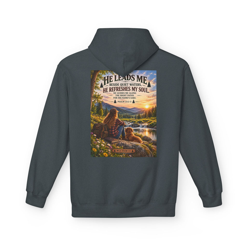 Women's Wild Roam Co. Scenic Hoodie — "He Leads Me Beside Quiet Waters" Inspirational Nature Pullover