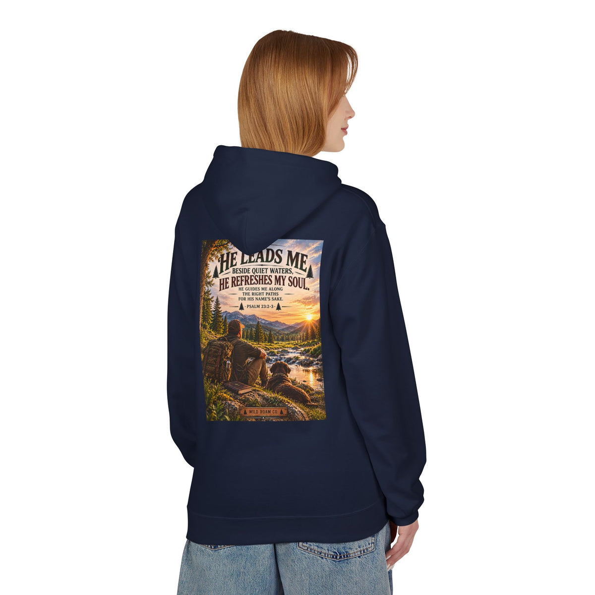 Men's Hoodie — "He Leads Me" Scenic Christian Outdoors Hoodie