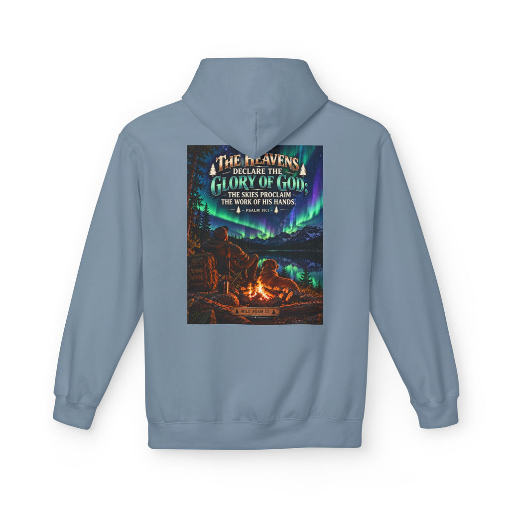 Men's Wilderness Campfire Hoodie — "The Heavens Declare" Scenic Christian Adventure Pullover