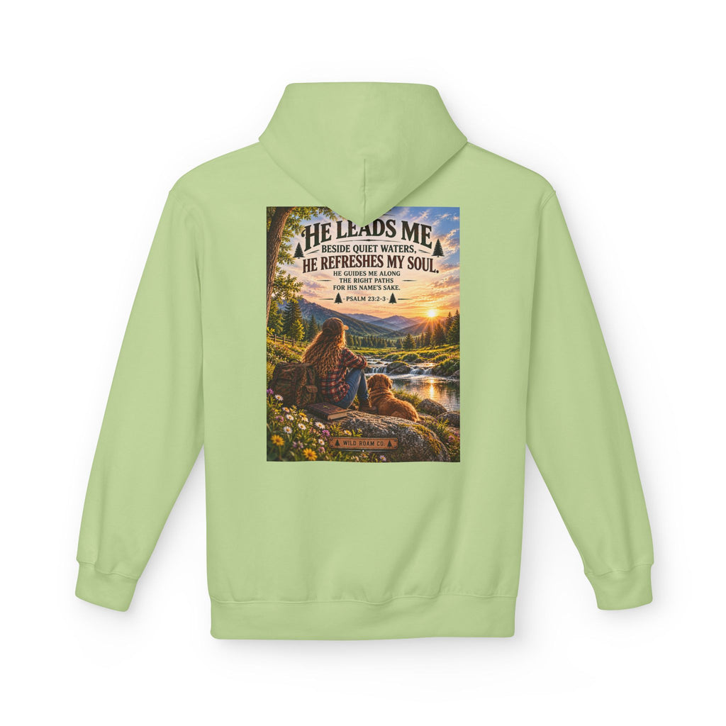 Women's Wild Roam Co. Scenic Hoodie — "He Leads Me Beside Quiet Waters" Inspirational Nature Pullover