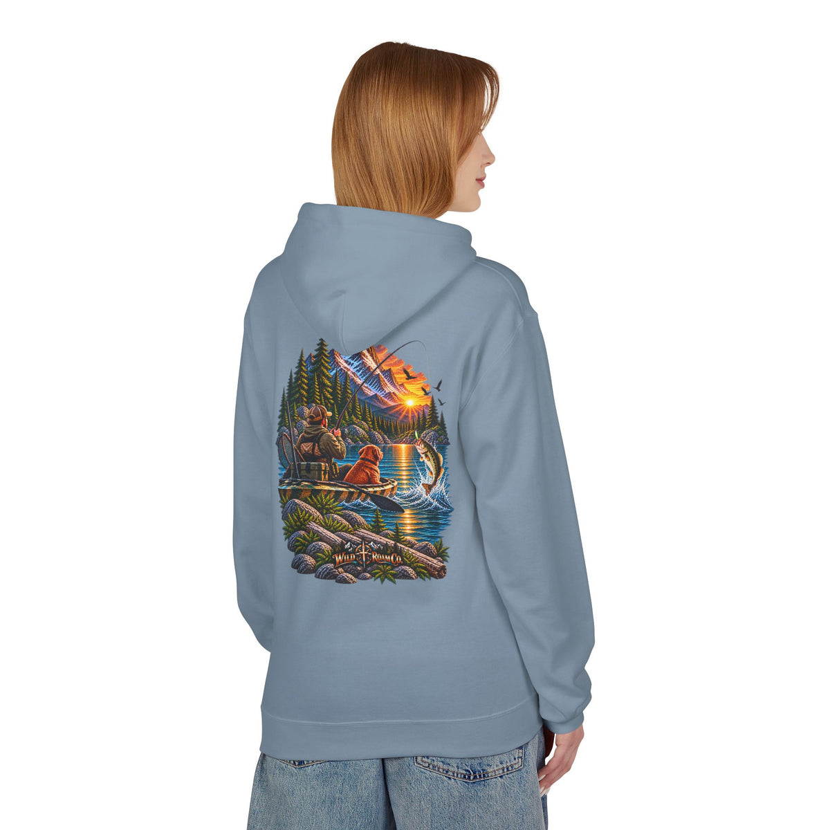 Wild Roam Co. Scenic Adventure Hoodie — "Wild Roam" Mountain & Lake Graphic