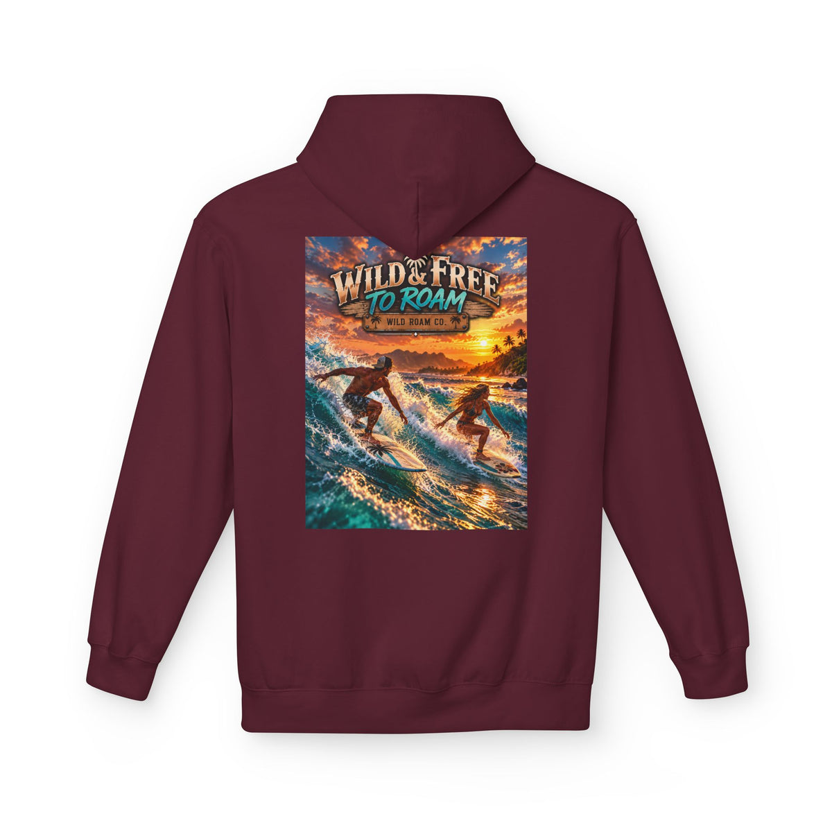 Surf Adventure Hoodie — "Wild & Free to Roam" Sunset Surf Graphic