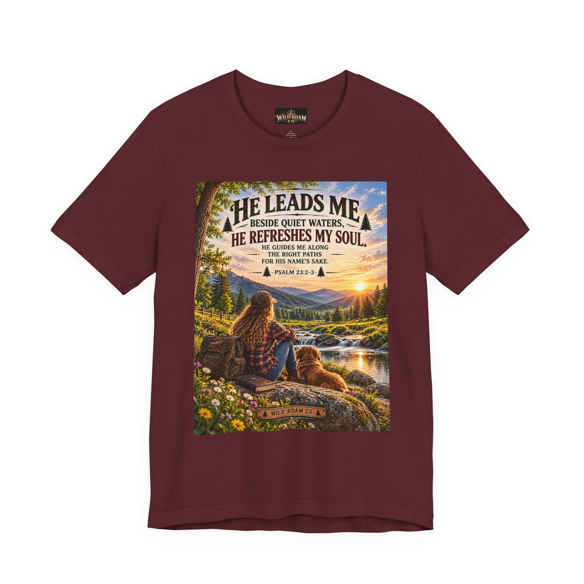 Women's He Leads Me T-Shirt — Christian Nature Faith Tee with Psalm 23 Sunset Scene