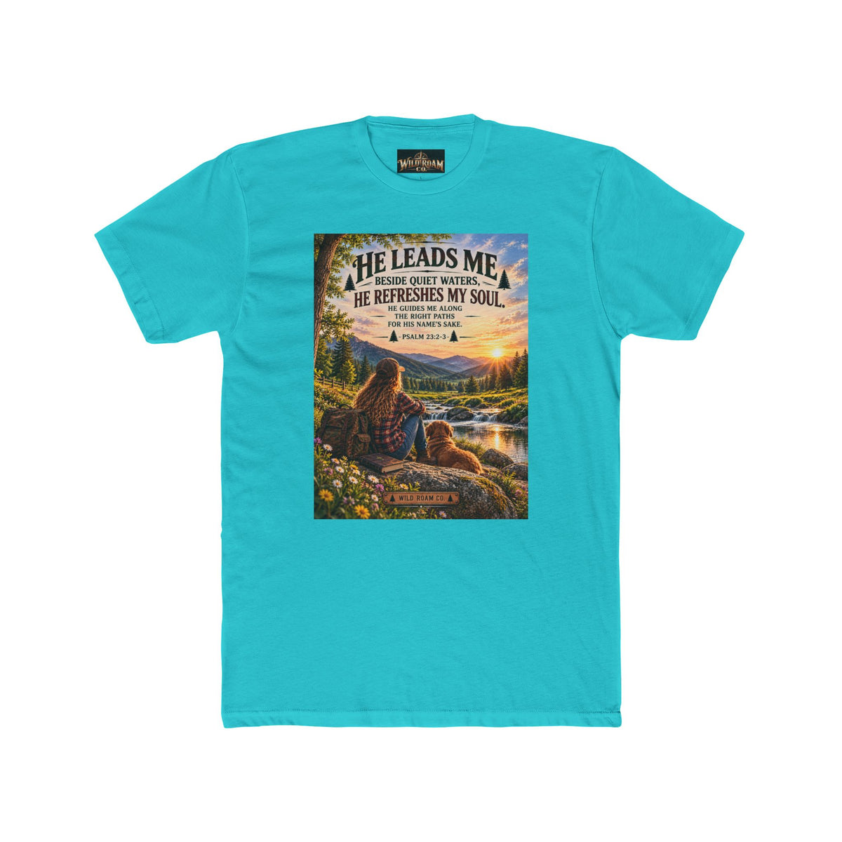Women's Christian Shepherd Psalm T-Shirt — "He Leads Me Beside Quiet Waters" Scenic Faith Tee