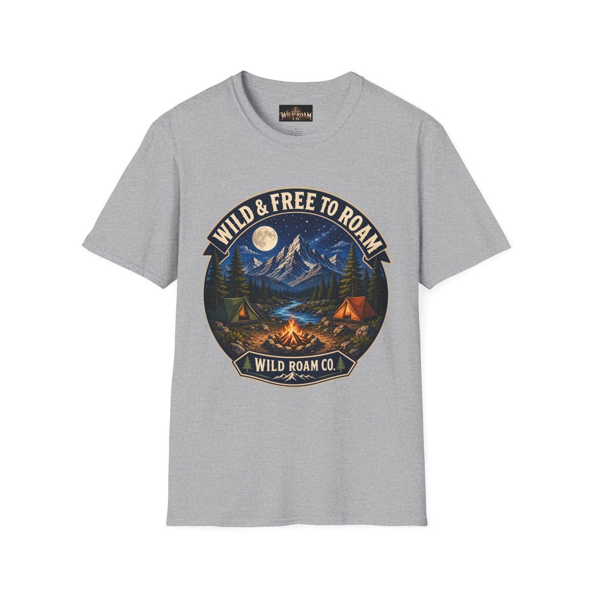 Camping T-Shirt — "Wild & Free to Roam" Mountain Campfire Graphic