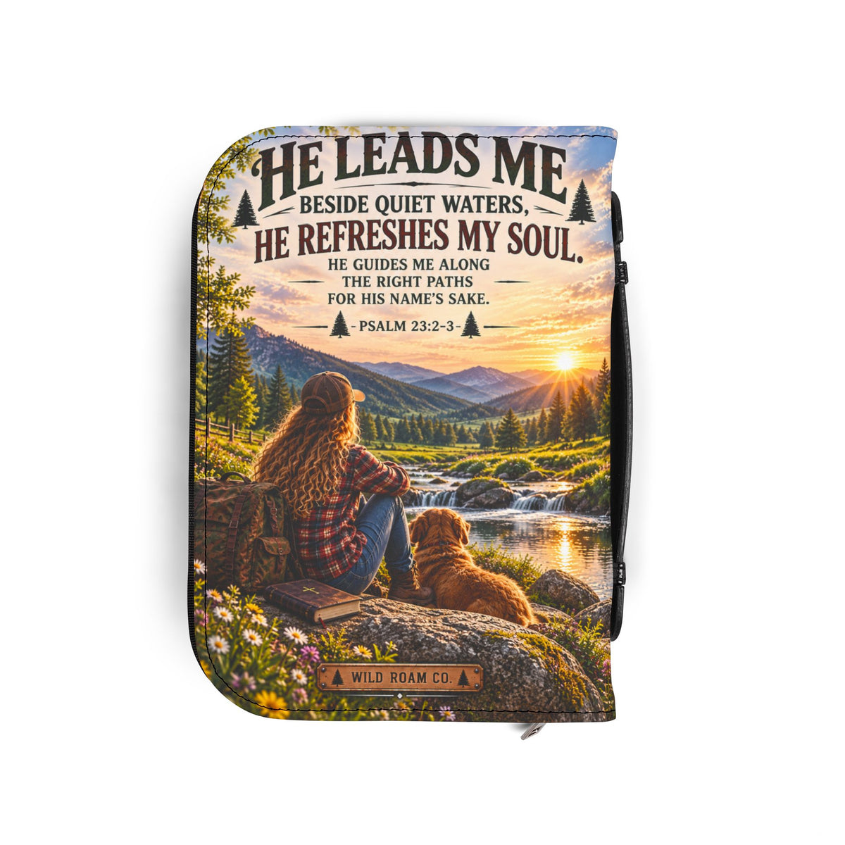 Men's Bible Cover — "He Leads Me Beside Quiet Waters" Psalm 23:2-3 Inspiring Outdoors Design