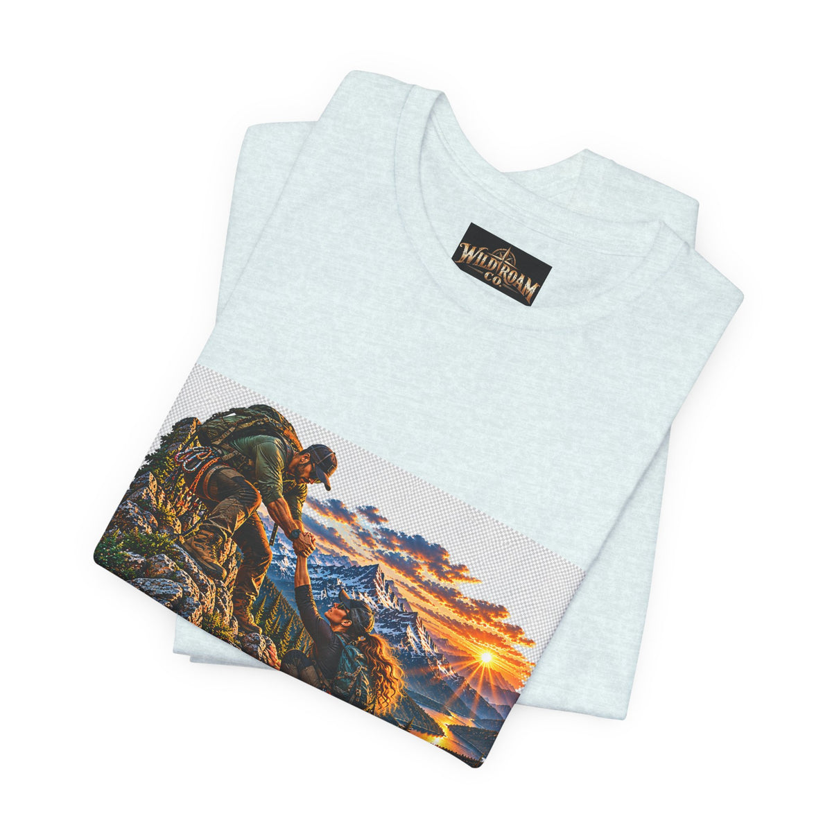 Couple Helping Hand Graphic Tee — Wild Roam Co. Mountain Climber Sunset T‑Shirt