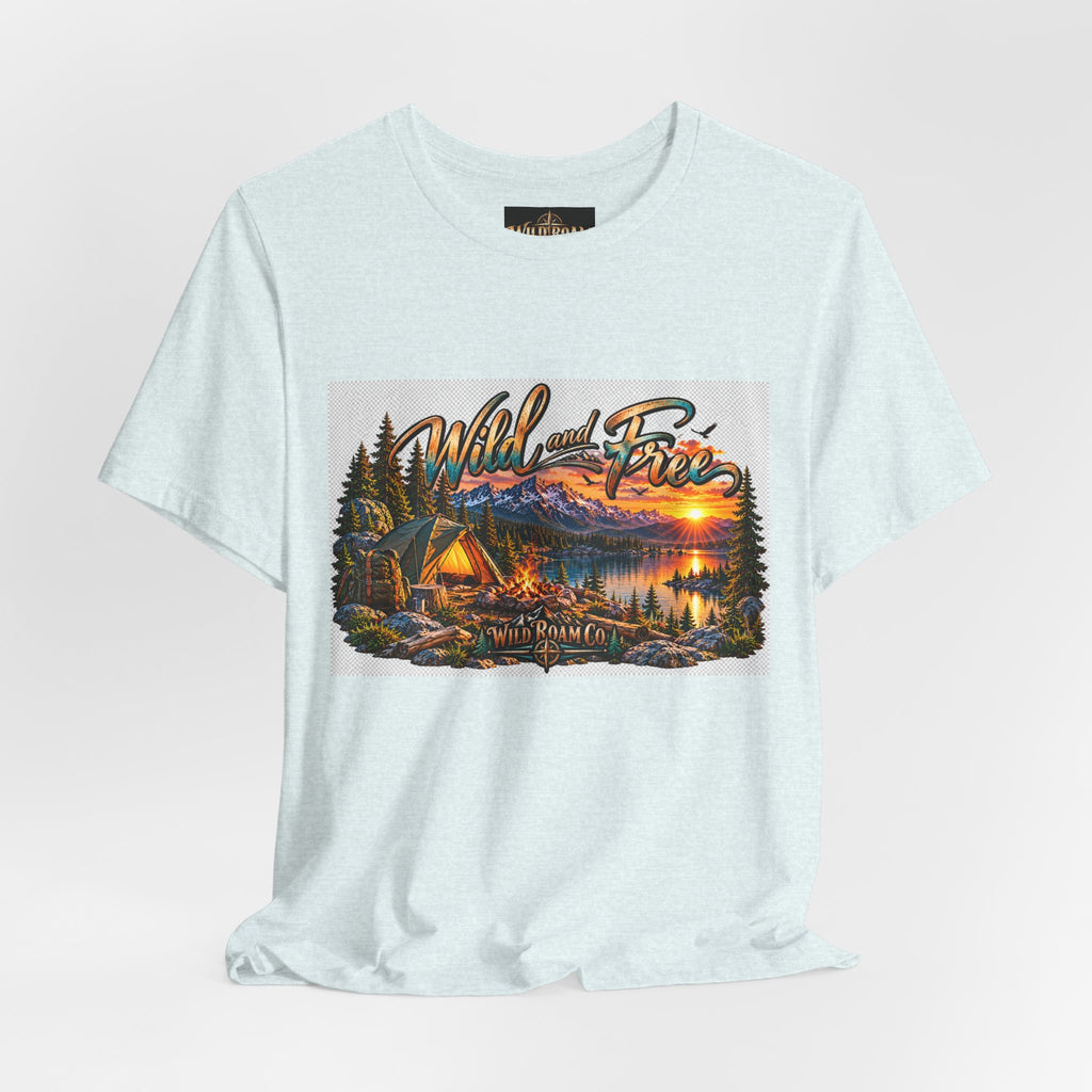 Wild and Free Camping T-Shirt — Mountain Lake Sunset Graphic Tee